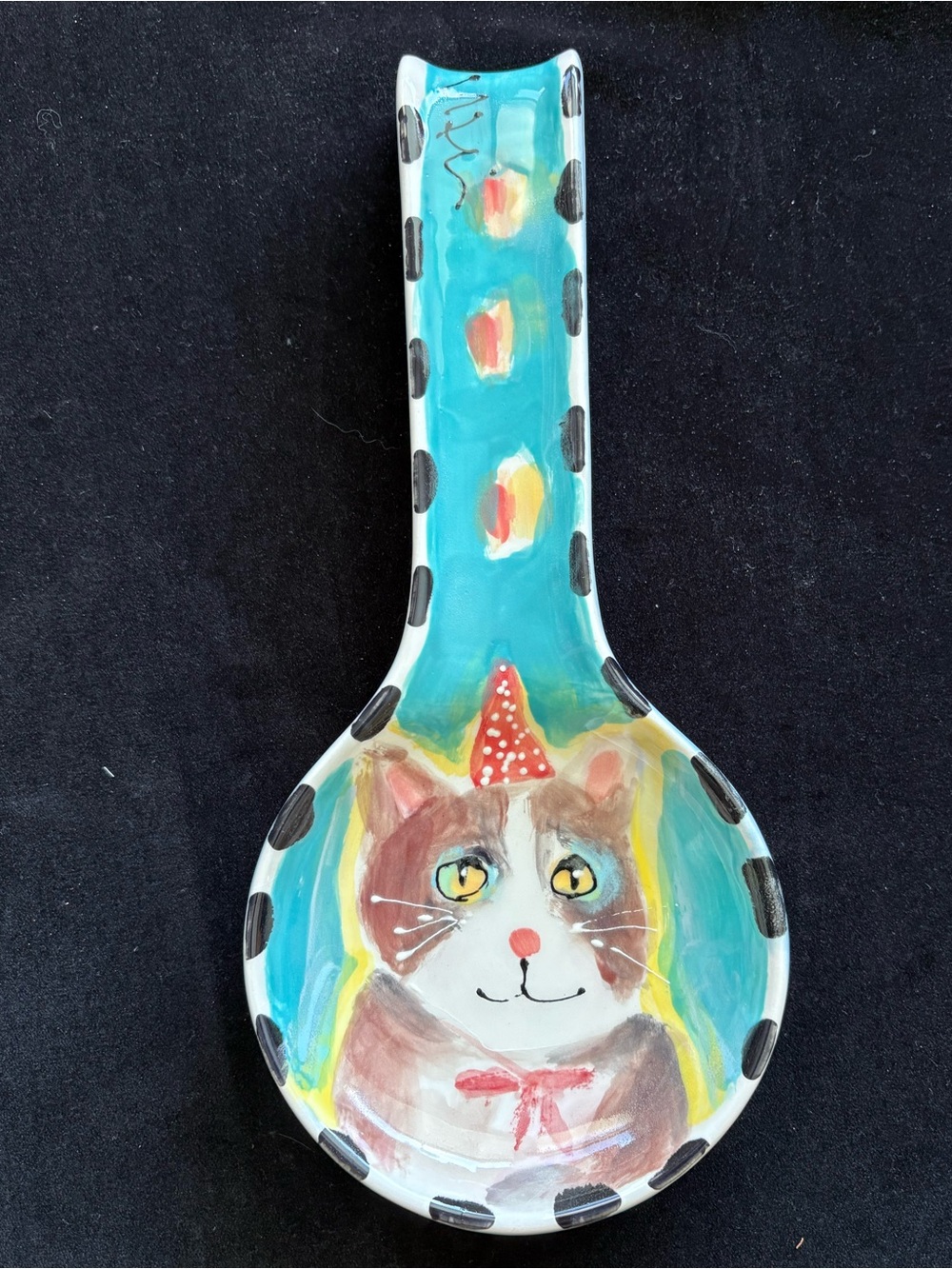 Whimsical Cat Ceramic Hand painted Spoon Rest “11”x5” Original Design